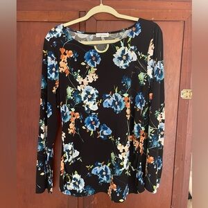 Calvin Klein floral long sleeve blouse with gold neckline accent